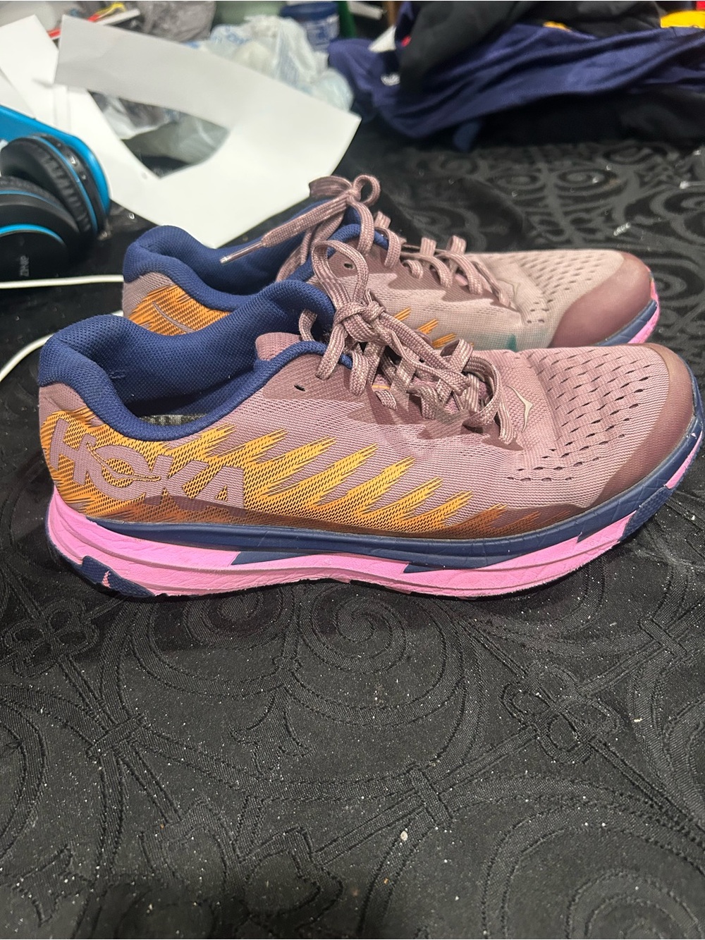 Hoka Mauve Pink and Navy Women's Running Shoes with Gold Accents